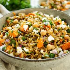 Grünkernsalat mit gerösteten Süßkartoffeln und Kichererbsen Rezept, vegetarisch