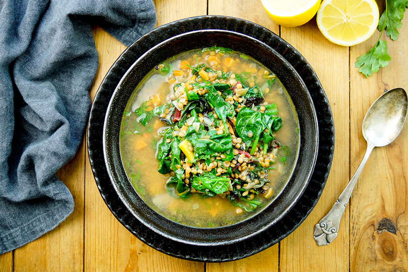Lentil and Greens Soup with Spinach, Swiss Chard, Carrots und Porcini Mushrooms