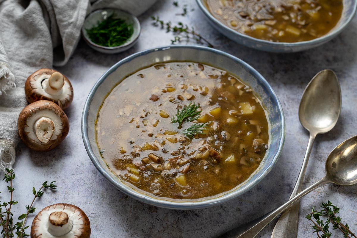 Mushroom potato soup, clear vegan soup recipe 