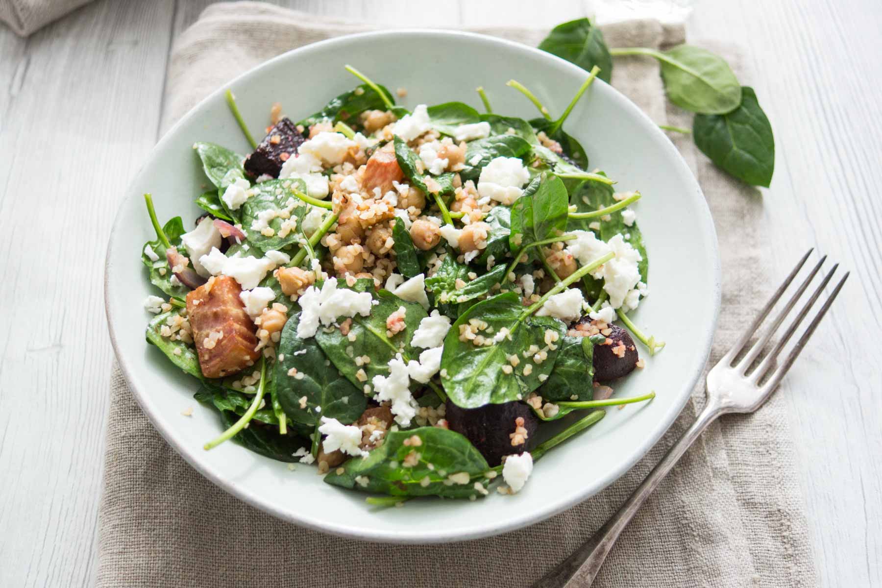 Spinach Salad with Beets, Chickpeas, Bulgur and Feta