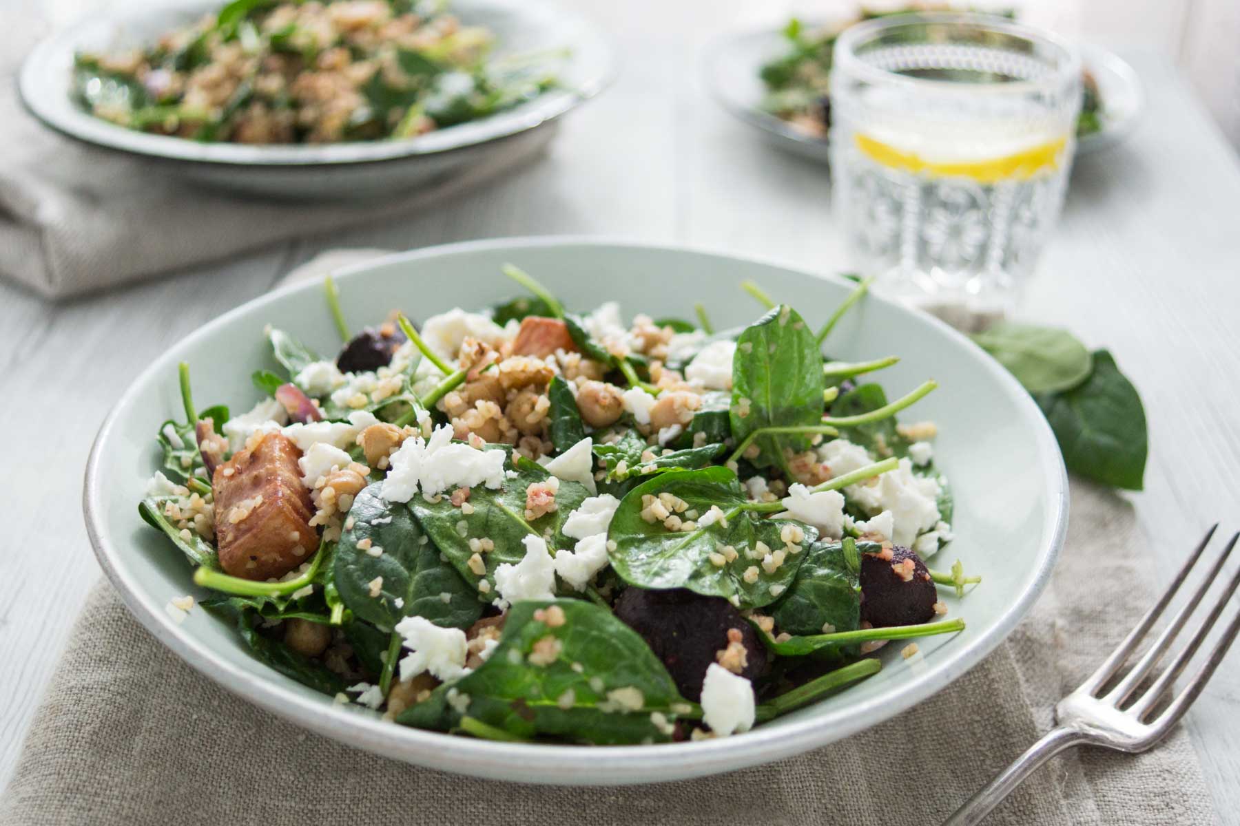 Spinach Salad with Beets, Chickpeas, Bulgur and Feta