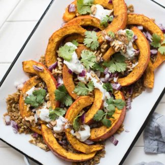 Roasted Hokkaido Pumpkin with Grünkern and Yoghurt Dressing