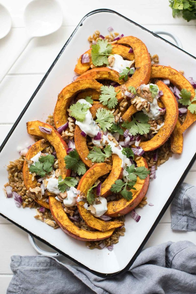 Roasted Hokkaido Pumpkin with Grünkern and Yoghurt Dressing