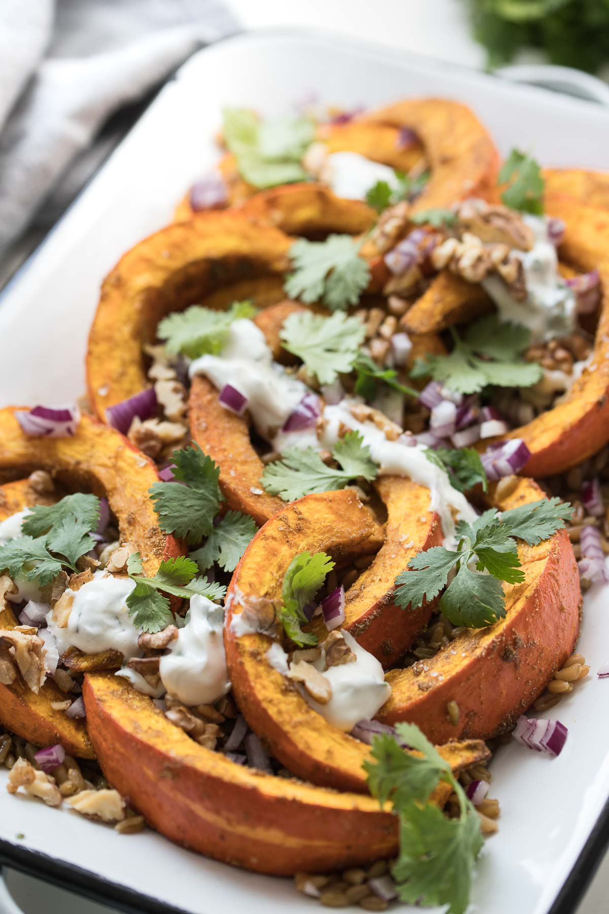 Hokkaido Kürbis geröstet mit orientalischen Gewürzen und Joghurt Dressing