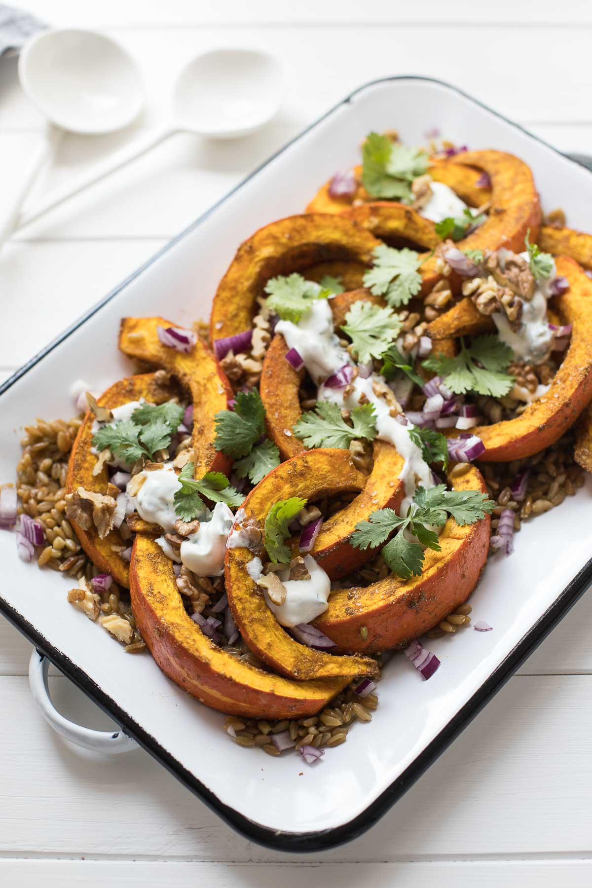 Roasted Hokkaido Pumpkin with Grünkern and Yoghurt Dressing