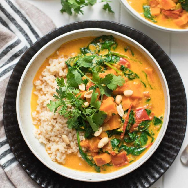 Vegan Sweet Potato Peanut Stew with Coconut & Spinach