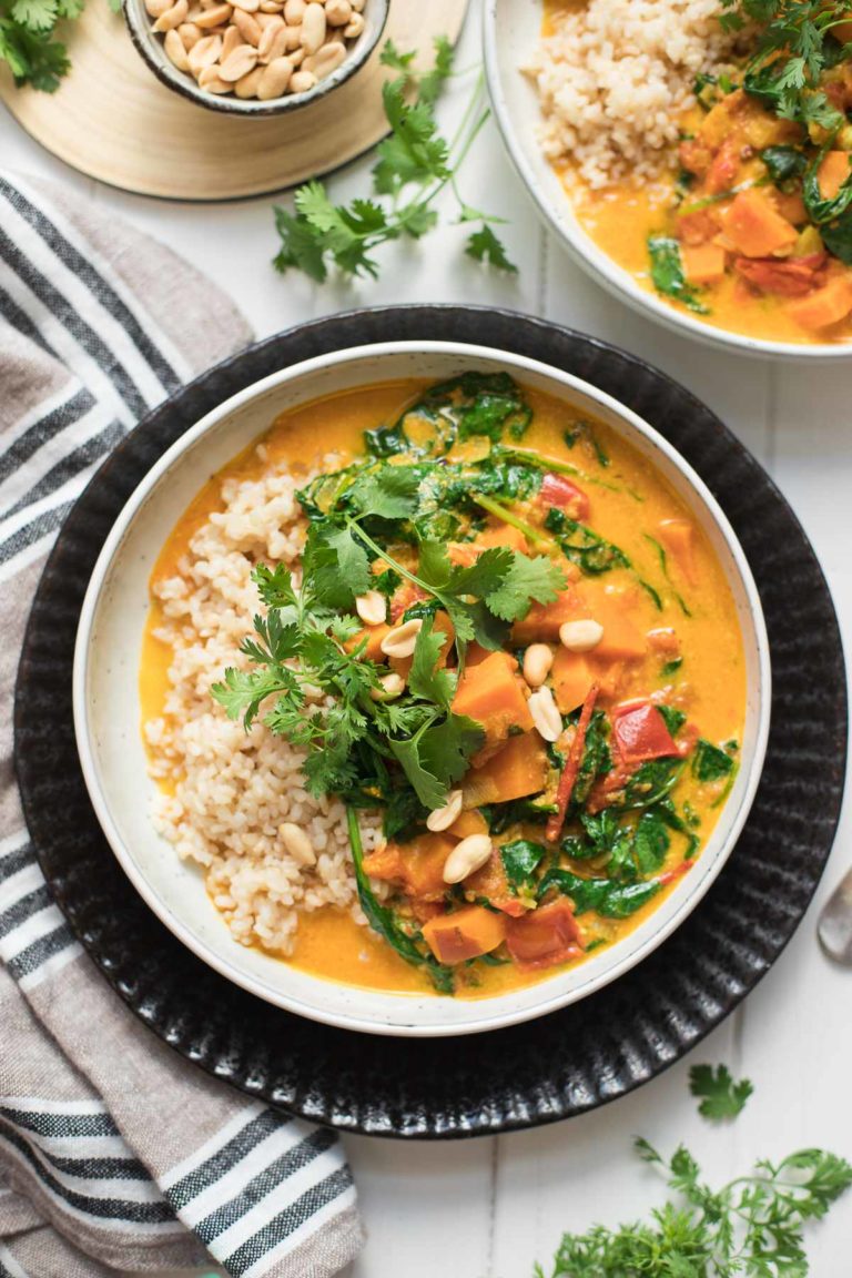 Vegan Sweet Potato Peanut Stew with Coconut & Spinach