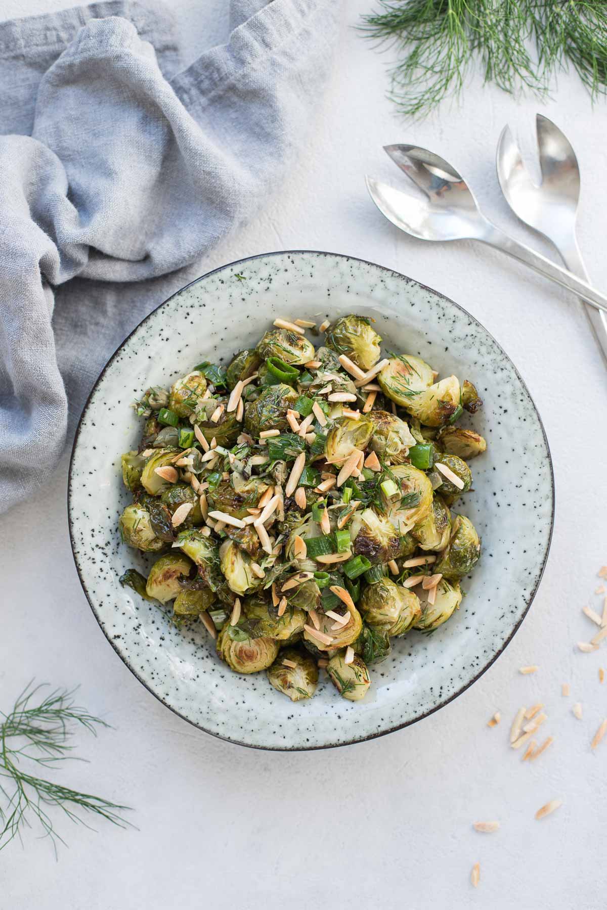 Mediterranean Style Roasted Brussels Sprouts with Capers, Dill & Lemon
