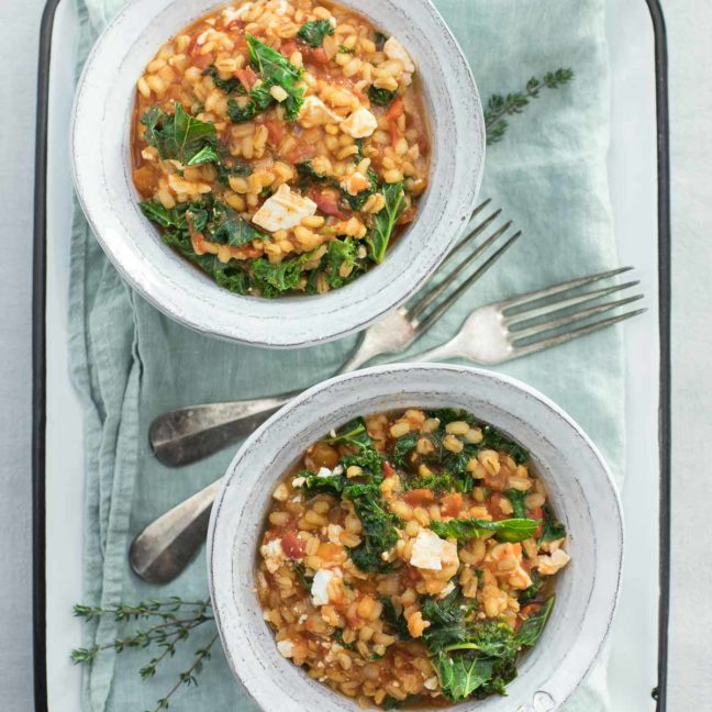 Gersten-Risotto mit Feta-Käse und Grünkohl