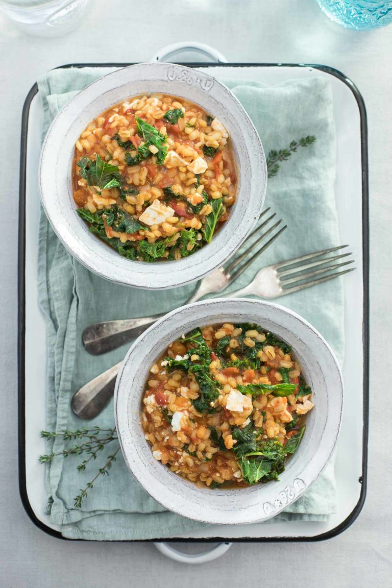 Gersten-Risotto mit Feta-Käse und Grünkohl