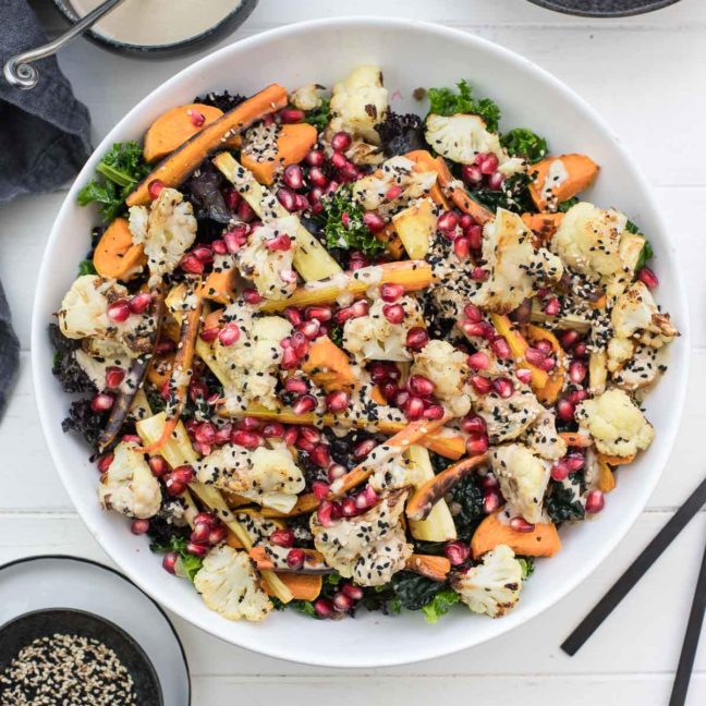 Kale Salad with Roasted Vegetables, Lentils and Tahini Dressing