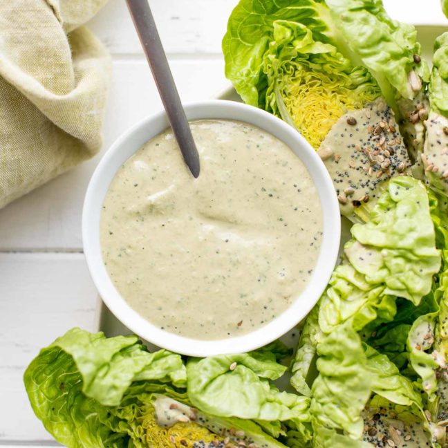 Creamy Green Tahini Dressing with Romaine, vegan caesar alternative