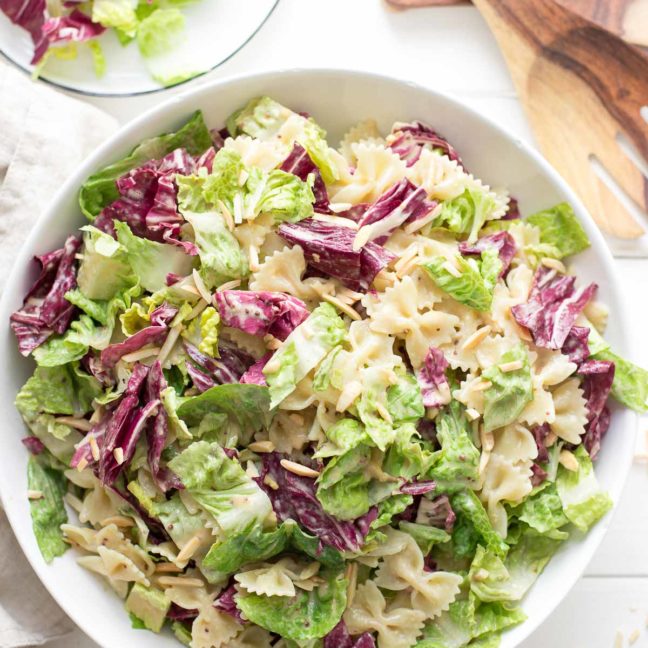 Caesar Pasta Salat with radicchio, almonds, tahini dressing (vegan)