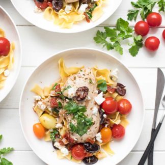 Mediterranean Chicken Skillet with olives, sun-dried tomatoes and egg noodles
