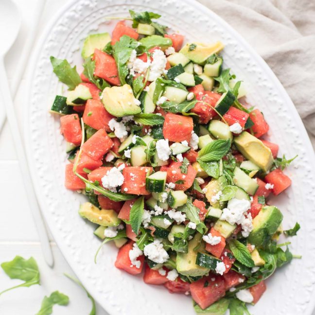 Watermelon Salad with Feta, Cucumber, Avocado & Mint