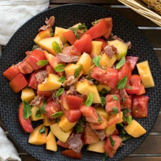 Tomato-Melon Salad with Crispy Prosciutto & Mint