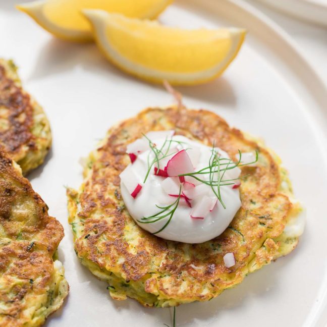 Zucchini-Pancakes with Feta and Dill, plus yoghurt sauce, gluten-free recipe