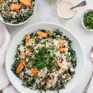 Linsen Reis Salat mit gerösteten Karotten & Tahini-Dressing Rezept, vegan, vegetarisch