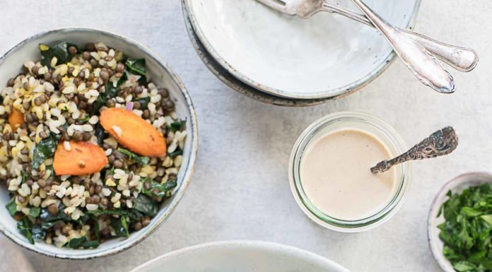 Linsen Reis Salat mit gerösteten Karotten & Tahini-Dressing Rezept, vegan, vegetarisch