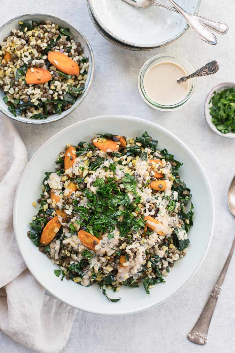 Linsen Reis Salat mit gerösteten Karotten & Tahini-Dressing Rezept, vegan, vegetarisch