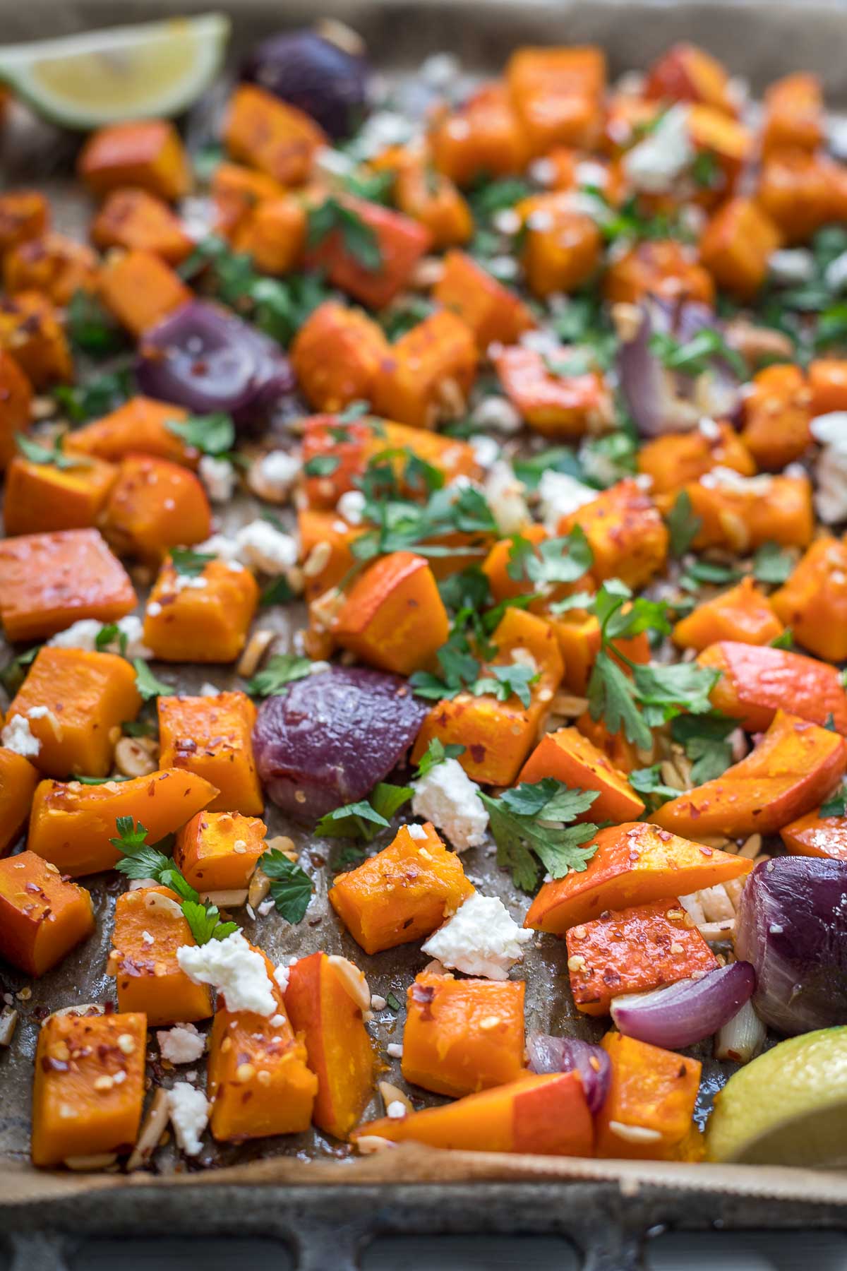 Oven Roasted Pumpkin with Chili, Almonds and Feta, Hokkaido