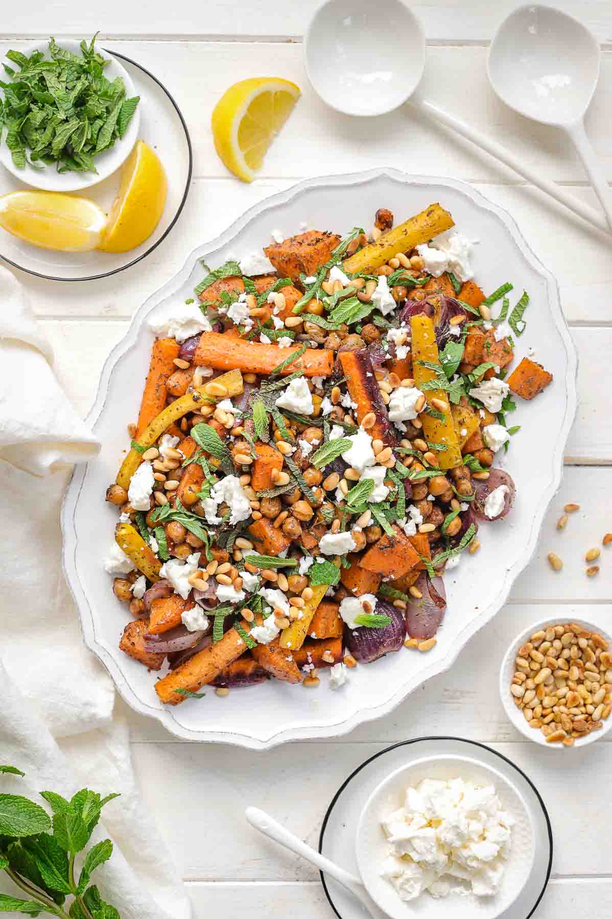Roasted Vegetable and Chickpeas with Za’atar, Mint and Feta