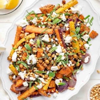 Roasted Vegetable and Chickpeas with Za’atar, Mint and Feta