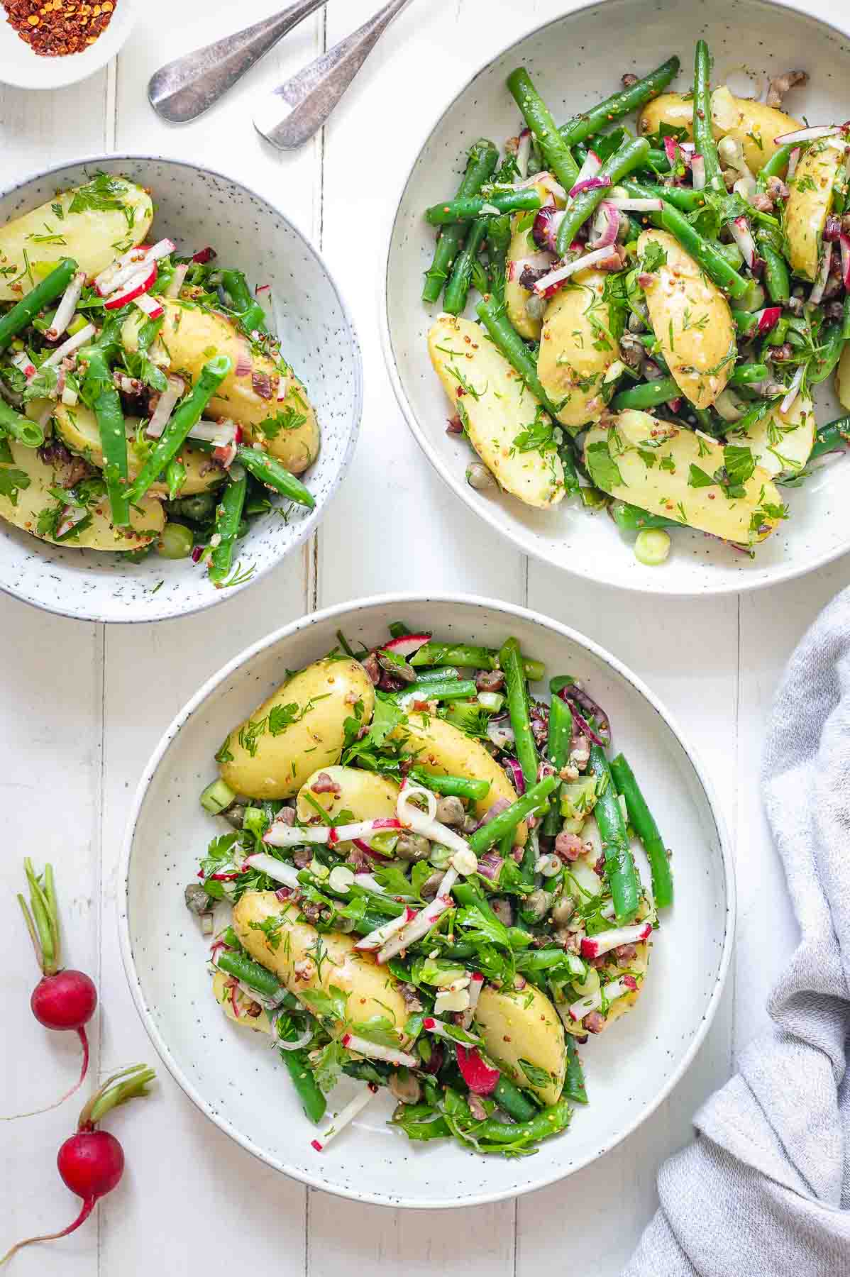 Green Bean and Potato Salad with bacon, capers, herbs, radishes