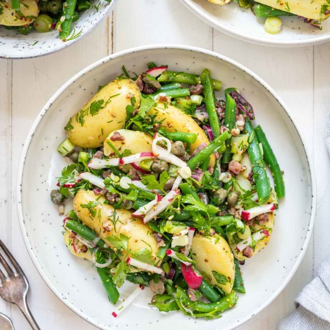 Green Bean Potato Salad with bacon, capers, herbs, radishes