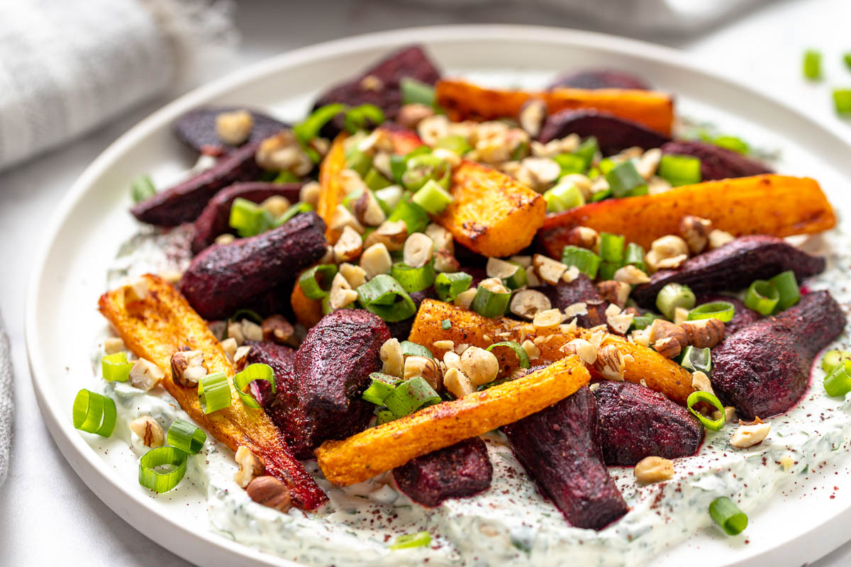 Roasted Beets and Carrots with Herbed Yogurt and Hazelnuts