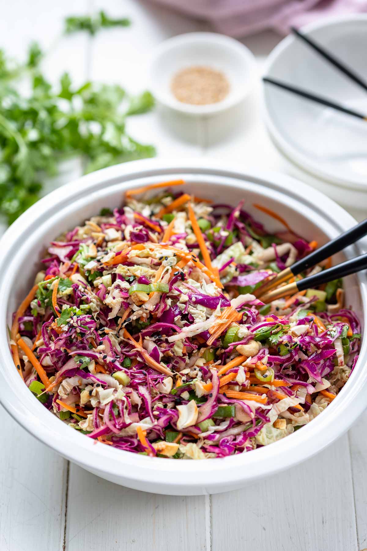 Asian Coleslaw with red and white cabbage, carrot, spring onions and cilantro
