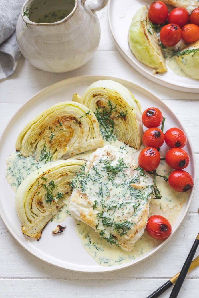 Grilled ling fish & cabbage with buttermilk-mustard-dill sauce (LeMax table grill recipe)