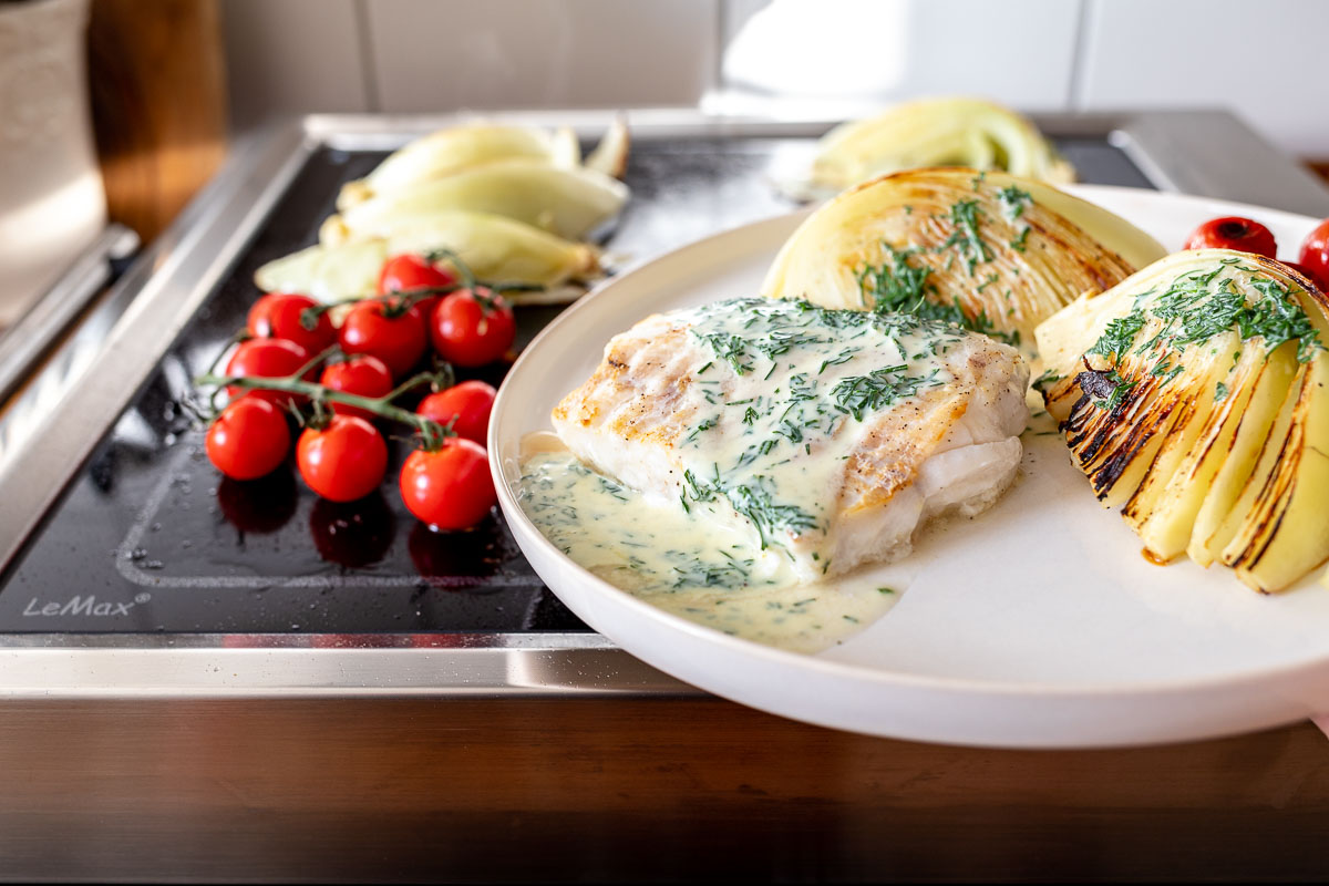 Grilled ling fish & cabbage with buttermilk-mustard-dill sauce with LeMax grill plate