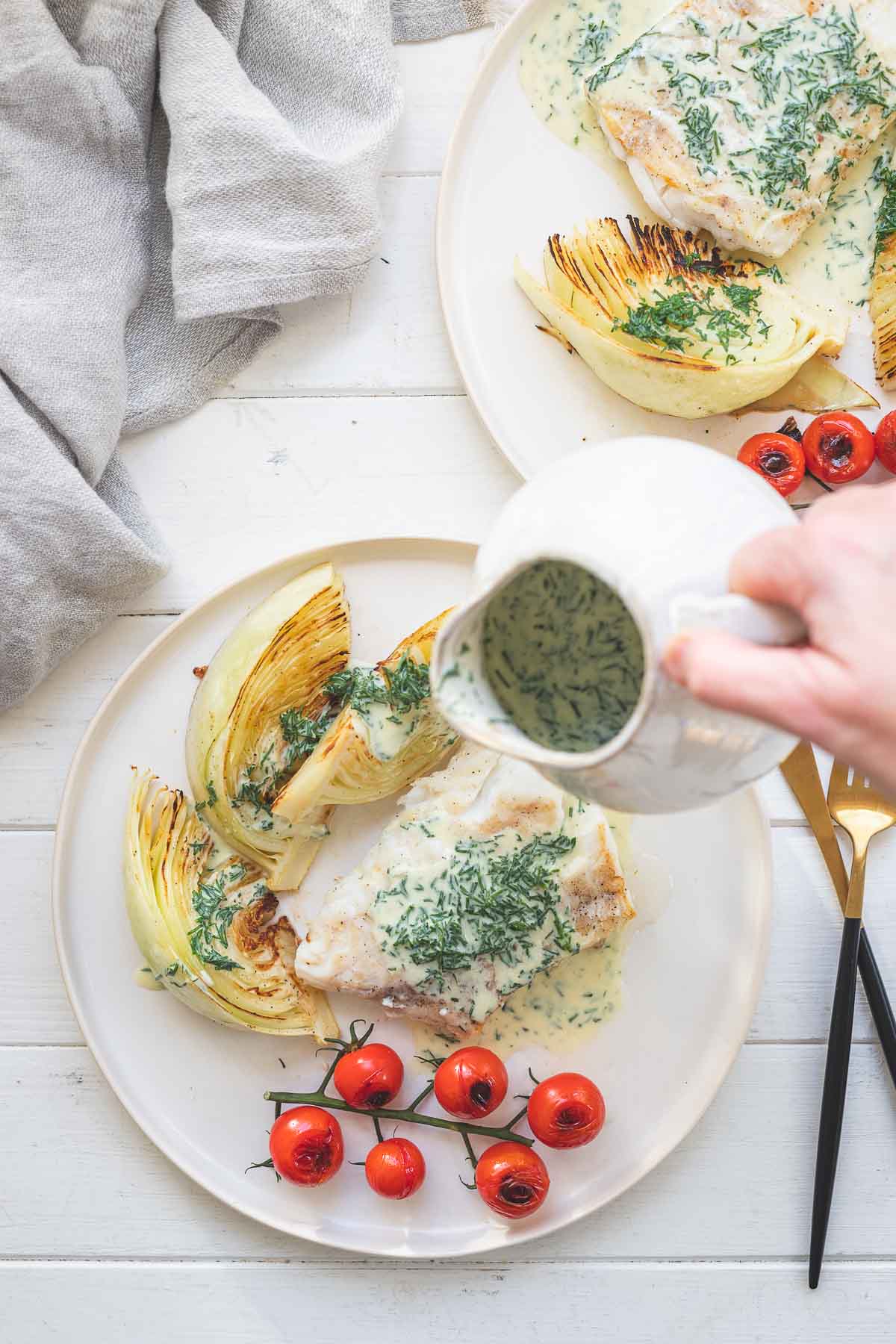 Grilled ling fish & cabbage with buttermilk-mustard-dill sauce (LeMax table grill recipe)