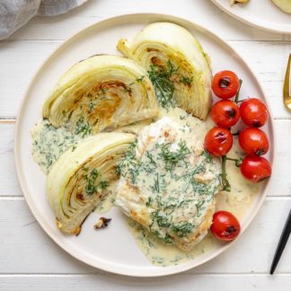 Grilled ling fish & cabbage with buttermilk-mustard-dill sauce (LeMax table grill recipe)