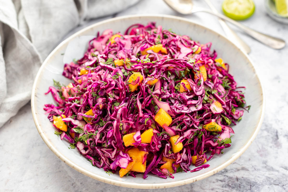 Red Cabbage Mango Slaw with fresh cilantro and lime recipe