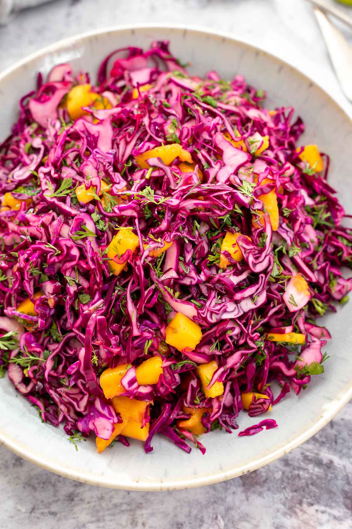 Red cabbage salad with mango, coriander and lime recipe