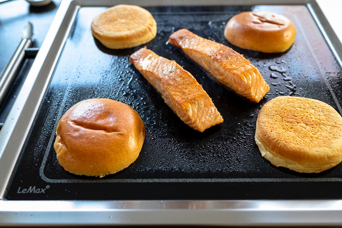 Grilled salmon and burgers on LeMax grill