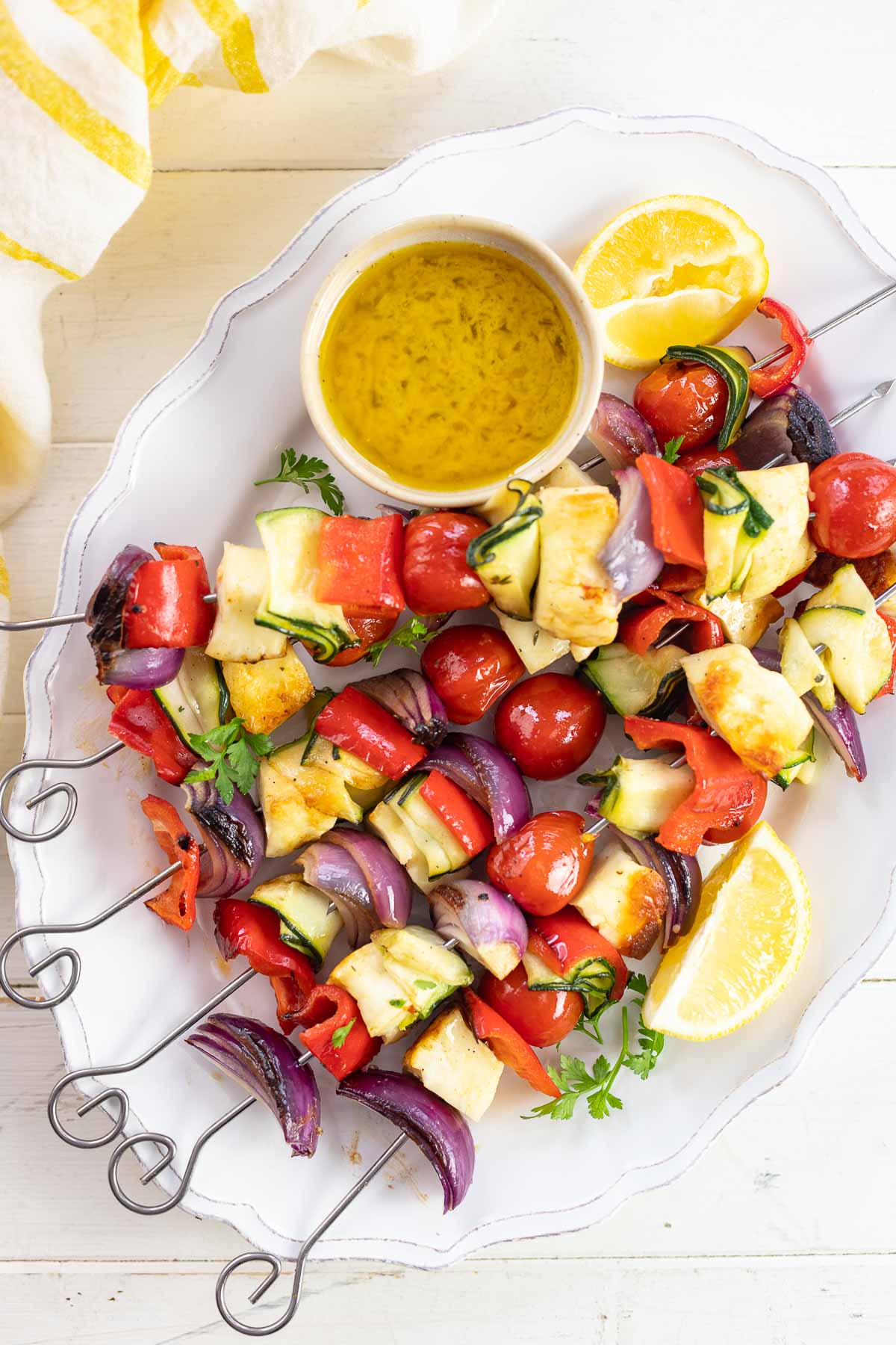 Halloumi-and-Vegetable Skewers with Pomegranate-Tahini Sauce