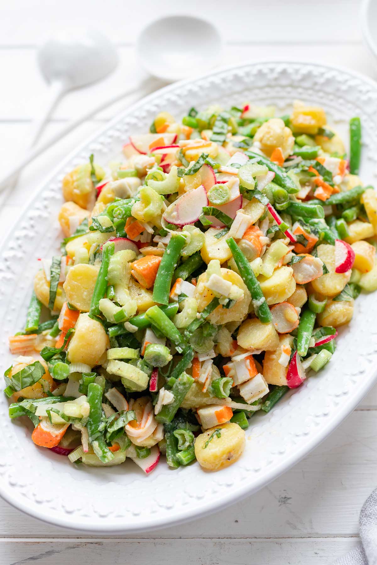 Potato Salad with Surimi Imitation Crab, green beans, radishes and celery