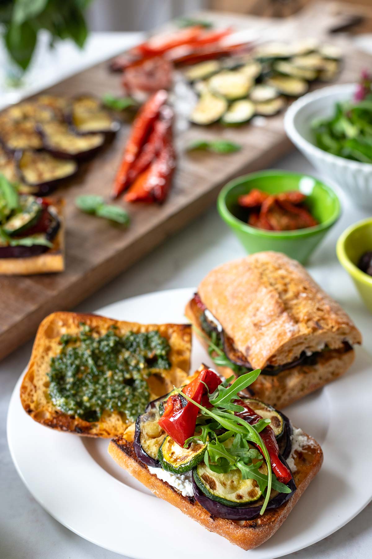 Italian antipasti sandwich with grilled vegetables (zucchini, bell pepper, eggplant)