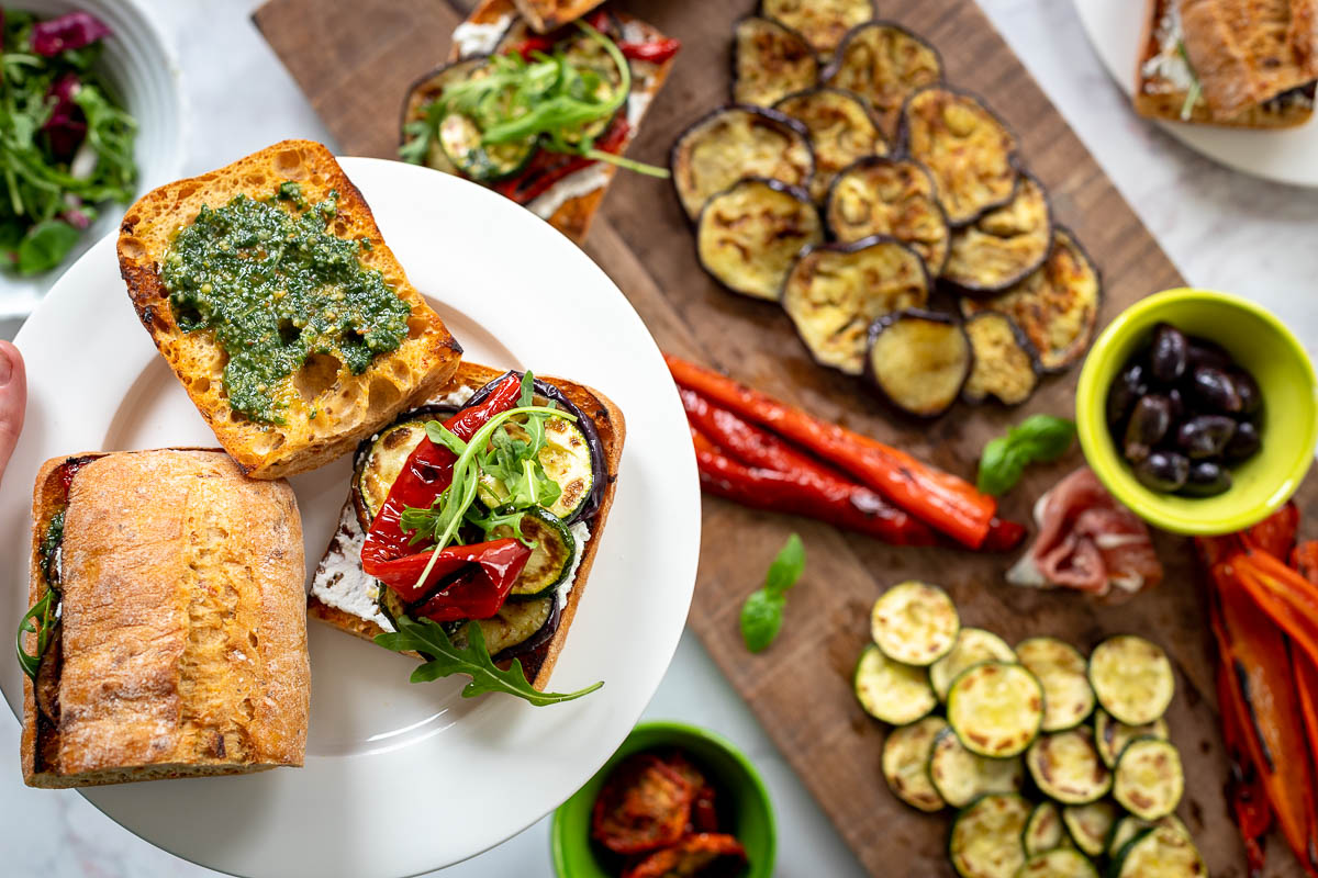 Italian antipasti sandwich with grilled vegetables