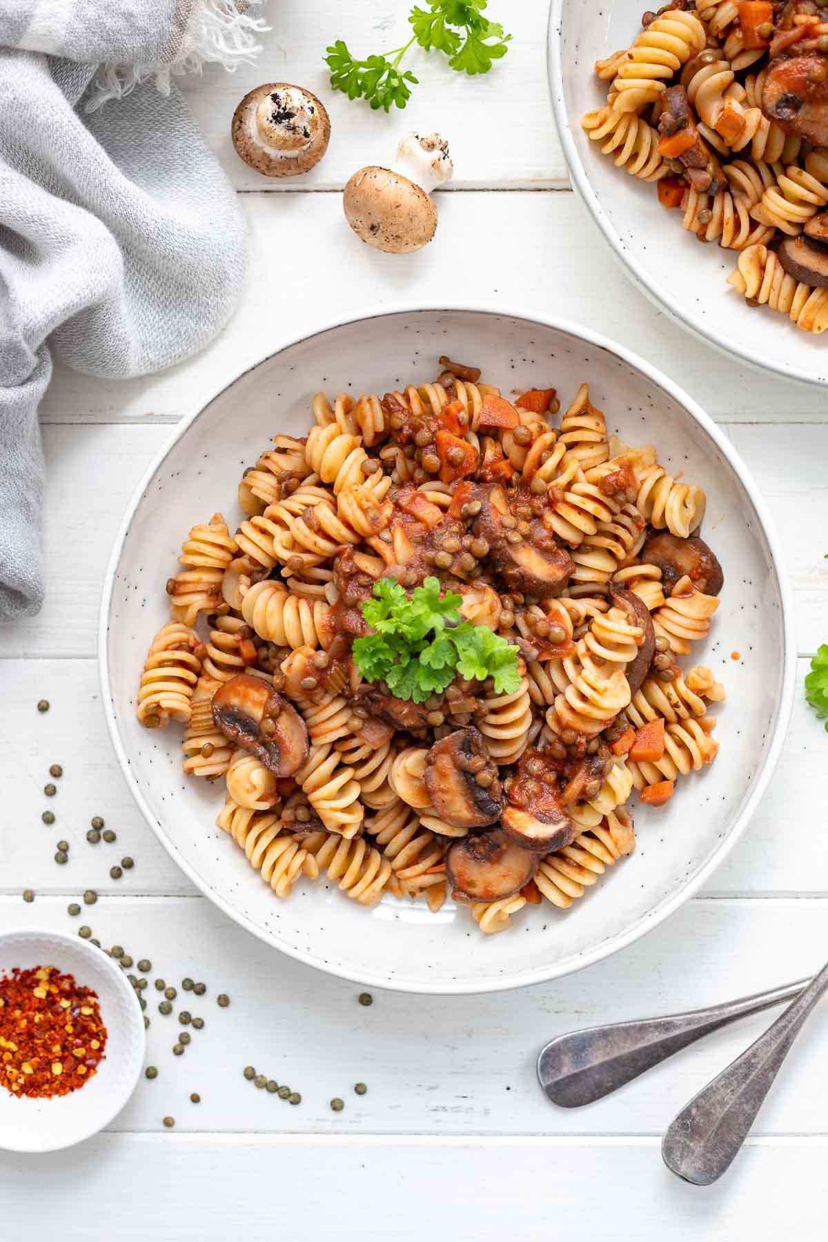 Linsen Pilzragout mit Pasta, vegane Rezept