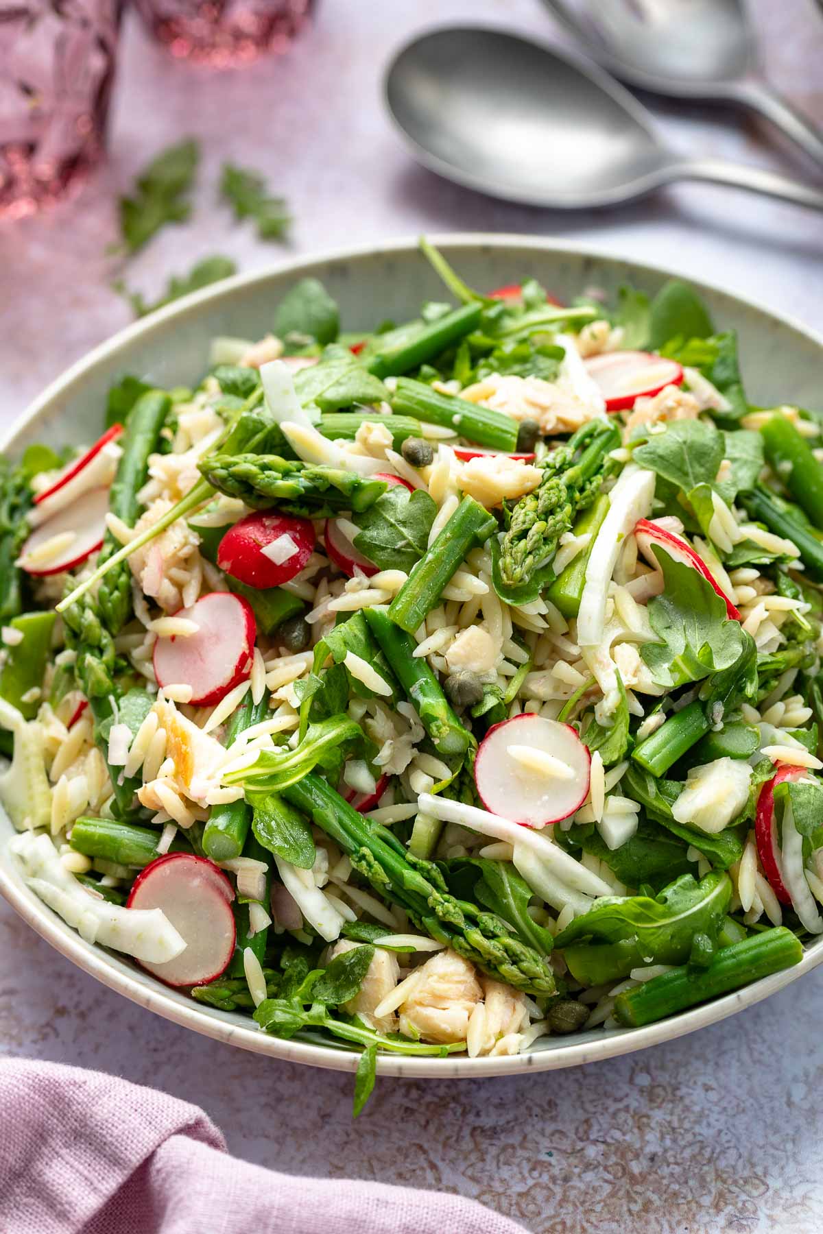 Pasta salad with smoked trout & asparagus, fennel, capers