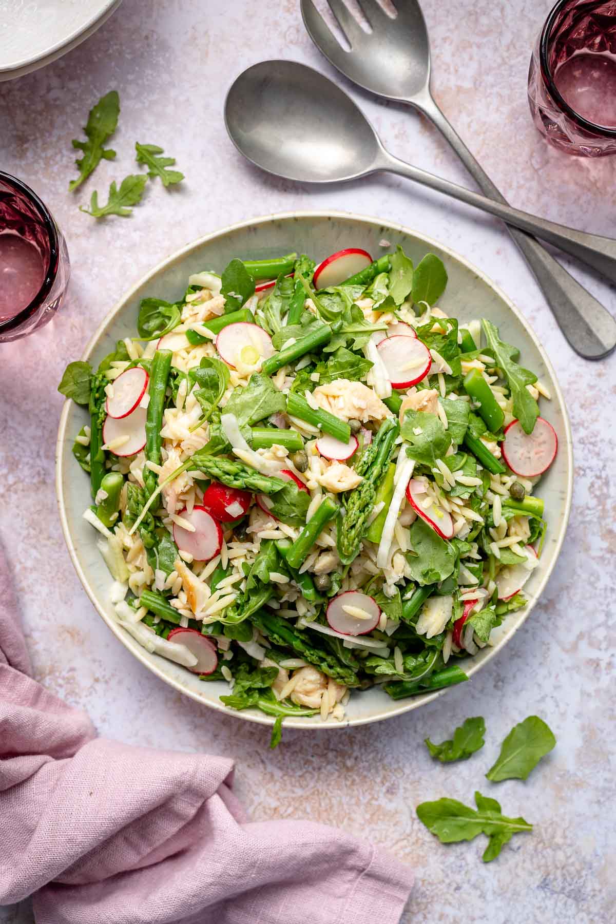 Pasta salad with smoked trout & asparagus, fennel, capers