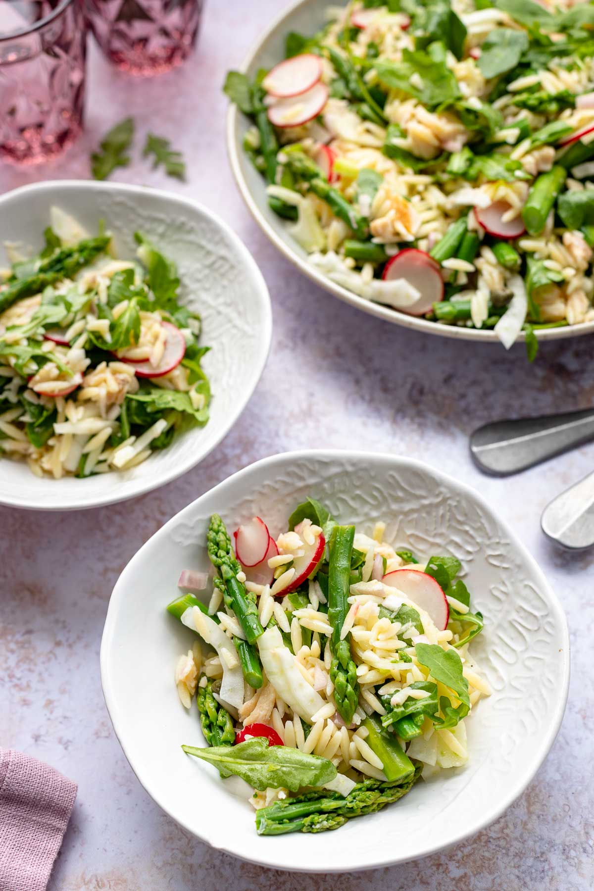 Pasta salad with smoked trout & asparagus, fennel, capers