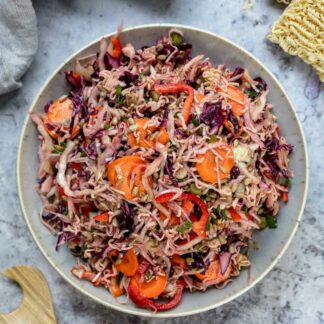 Crispy Asian ramen noodle salad recipe with cabbage, carrots, mie noodles