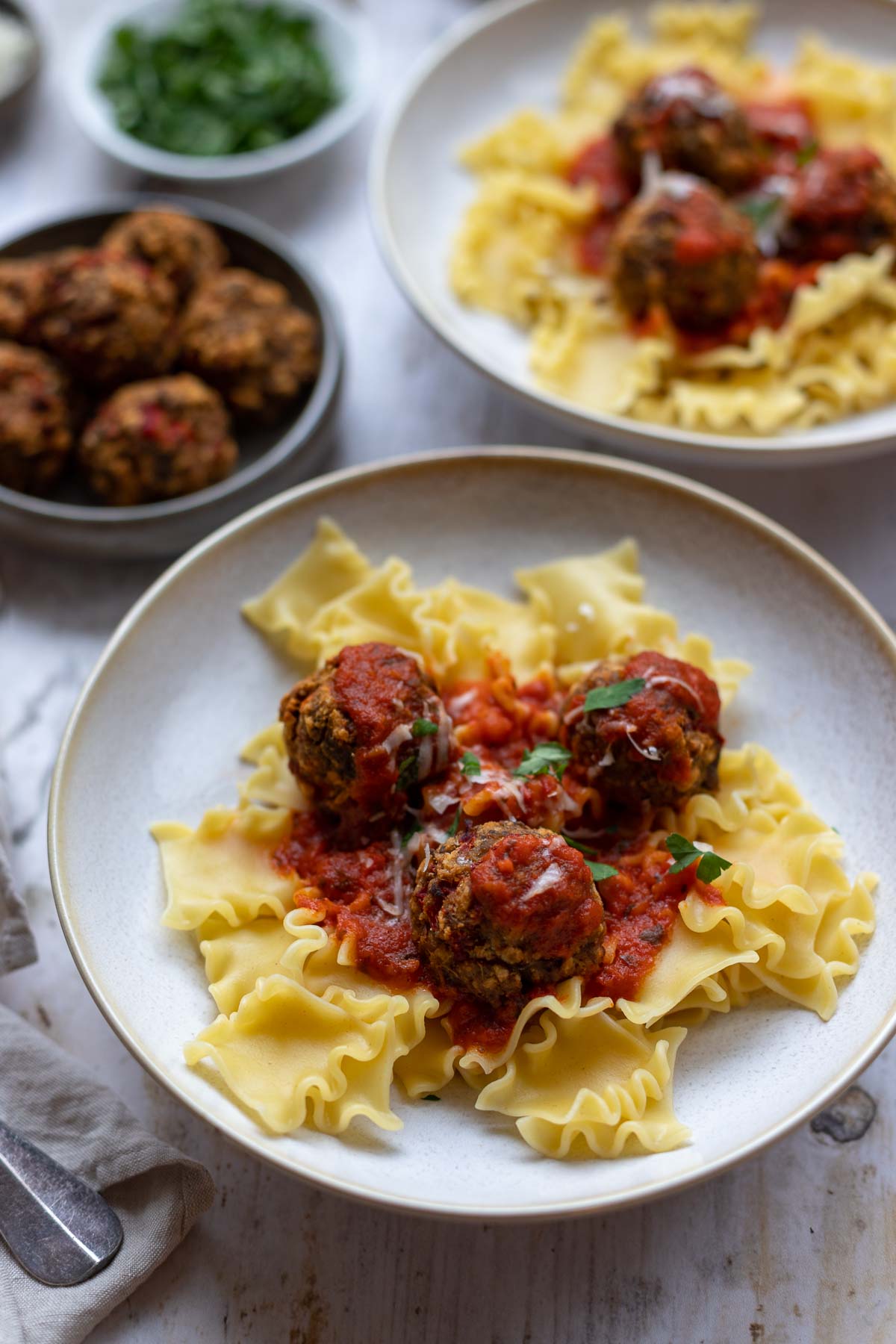Vegetarian eggplant meatballs with pasta and tomato sauce