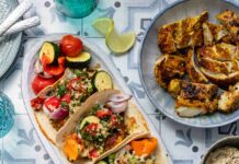 Hähnchen Schawarma Rezept mit Tabouleh, Fladenbrot, Hummus and Joghurt Sauce