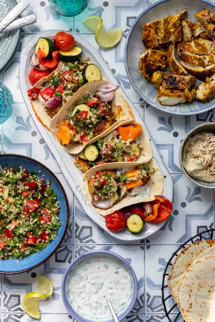 Hähnchen Schawarma Rezept mit Tabouleh, Fladenbrot, Hummus and Joghurt Sauce